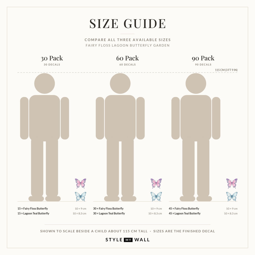 Fairy Floss Lagoon Butterfly Garden Wall Sticker Decals: size guide, every size shown to scale beside a child