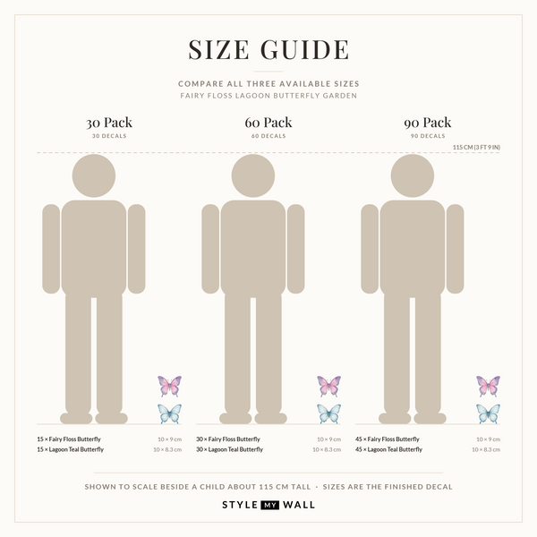 Fairy Floss Lagoon Butterfly Garden Wall Sticker Decals: size guide, every size shown to scale beside a child