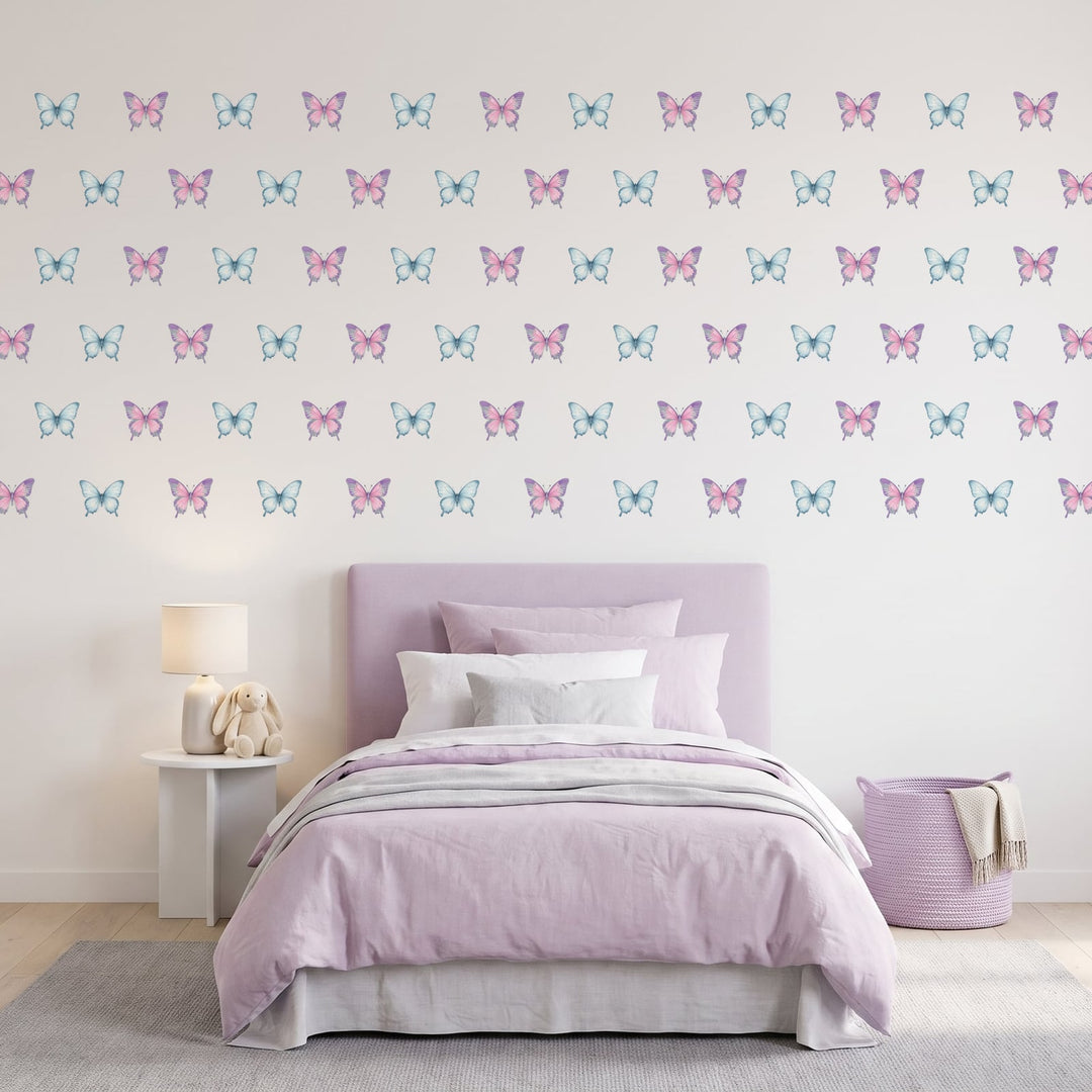 Fairy Floss Lagoon Butterfly Garden Wall Sticker Decals wall decals on a girl's bedroom wall (90 Pack size)