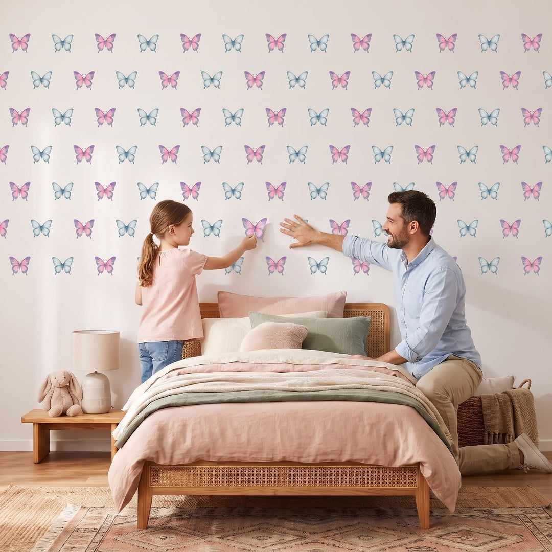Fairy Floss Lagoon Butterfly Garden Wall Sticker Decals wall decals: a girl and her dad putting the decals up in a girl's bedroom