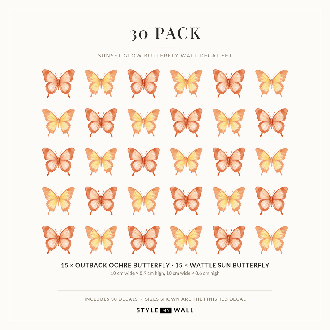 Sunset Glow Butterflies Wall Sticker Decals: 30 Pack sizes