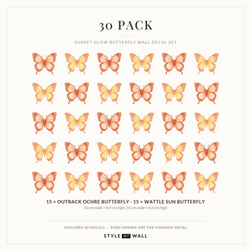 Sunset Glow Butterflies Wall Sticker Decals: 30 Pack sizes