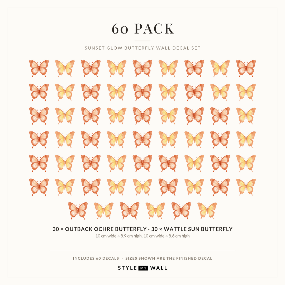Sunset Glow Butterflies Wall Sticker Decals: 60 Pack sizes