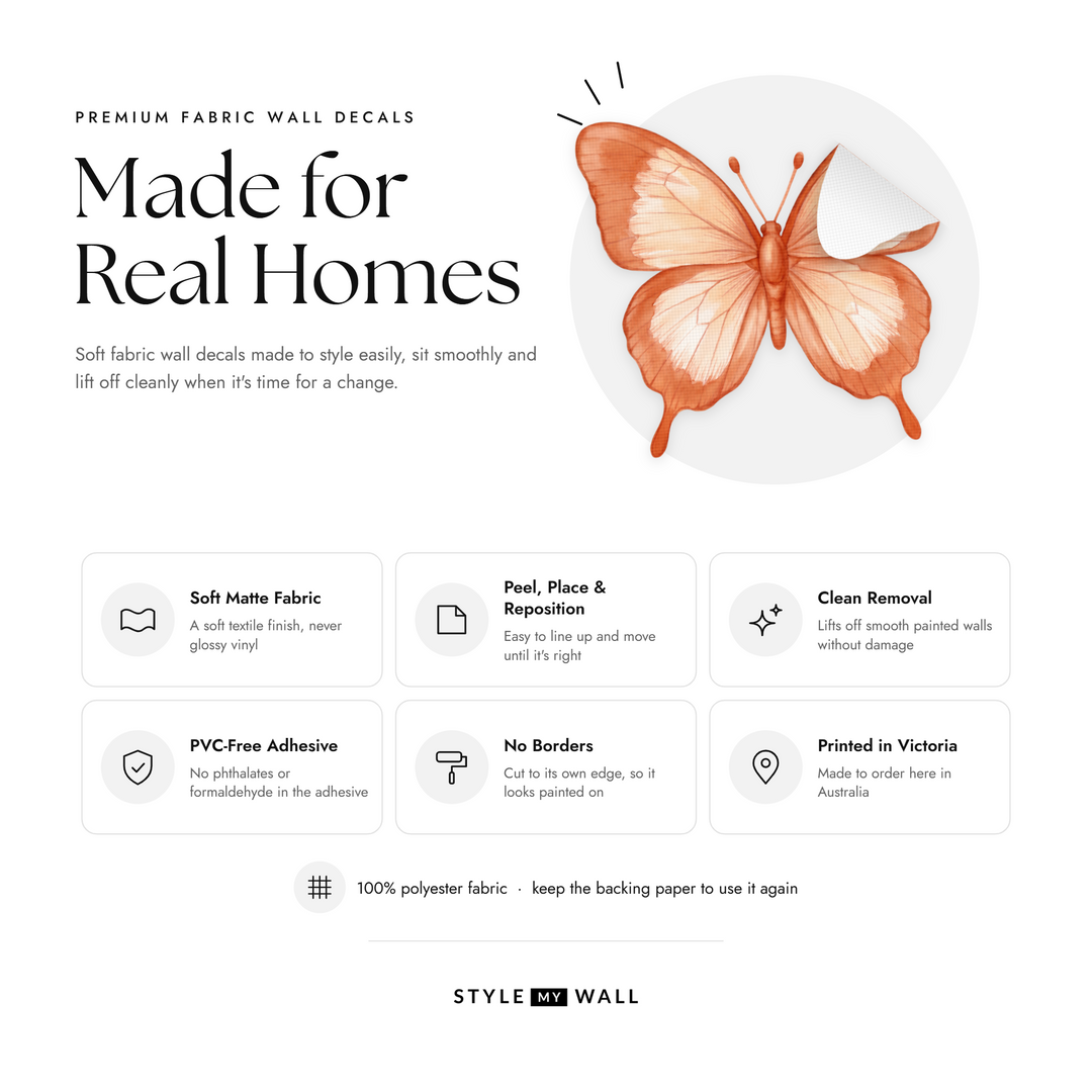 Sunset Glow Butterflies Wall Sticker Decals: soft matte fabric wall decals that peel, stick and reposition, printed in Victoria