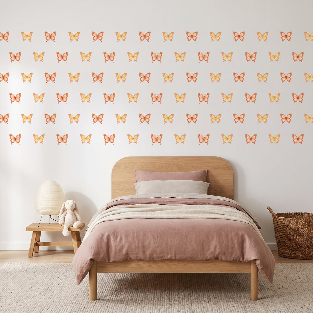 Sunset Glow Butterflies Wall Sticker Decals wall decals on a girl's bedroom wall (90 Pack size)