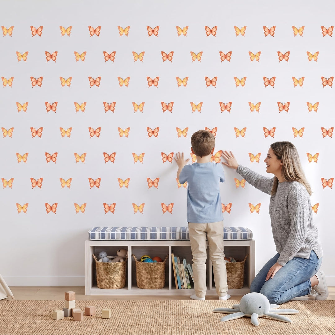Sunset Glow Butterflies Wall Sticker Decals wall decals: a boy and his mum putting the decals up in a playroom