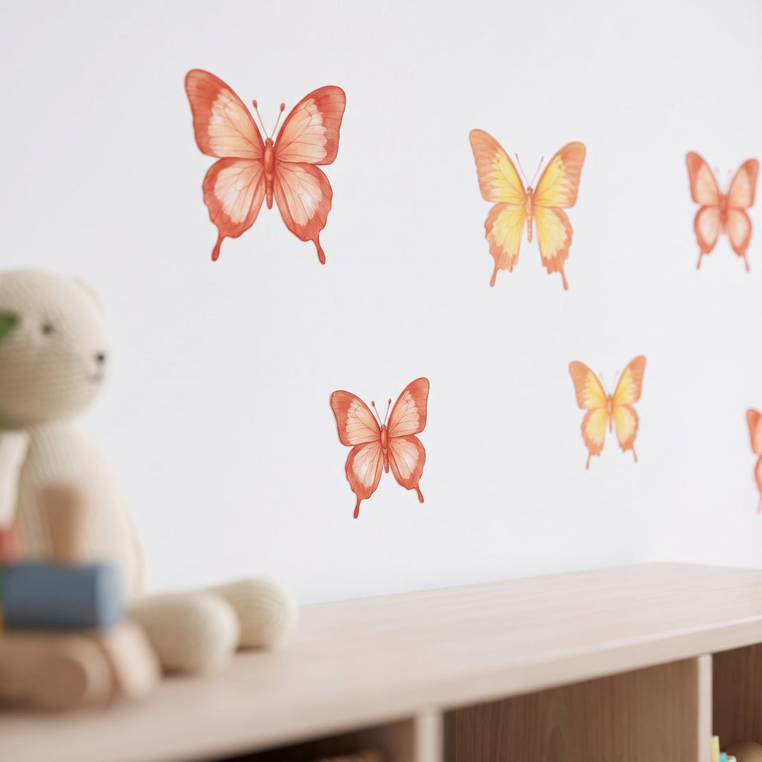 Sunset Glow Butterflies Wall Sticker Decals wall decals: a close-up of the decals from one side in a kids' room