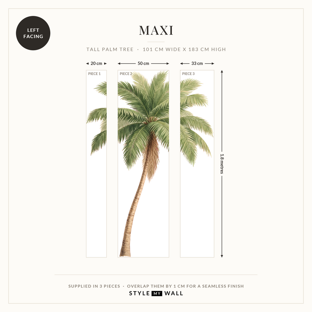 Tall Green Palm Tree Wall Sticker Decals: Maxi supplied in 3 pieces that overlap by 1 cm, left facing
