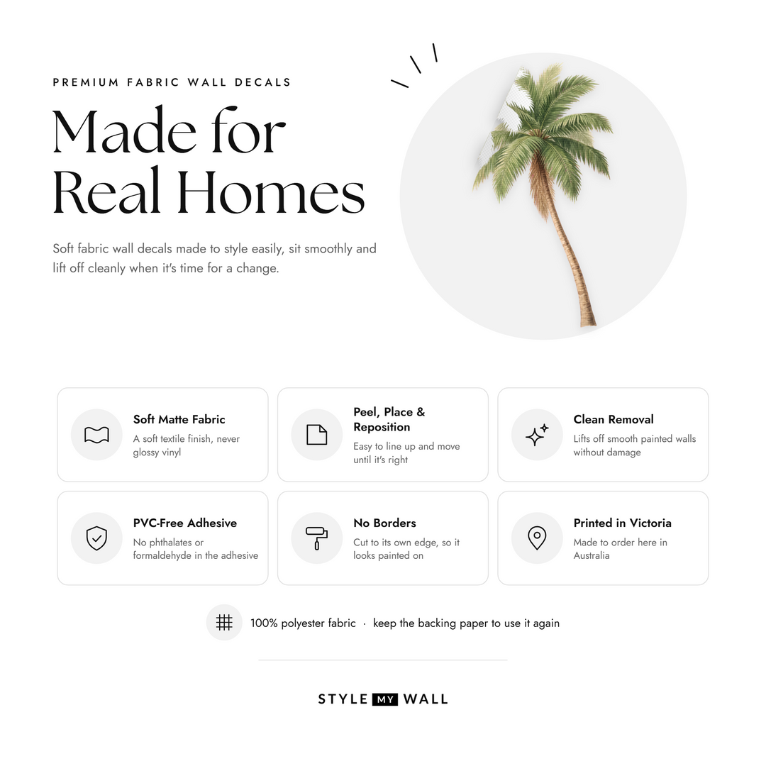 Tall Green Palm Tree Wall Sticker Decals: soft matte fabric wall decals that peel, stick and reposition, printed in Victoria
