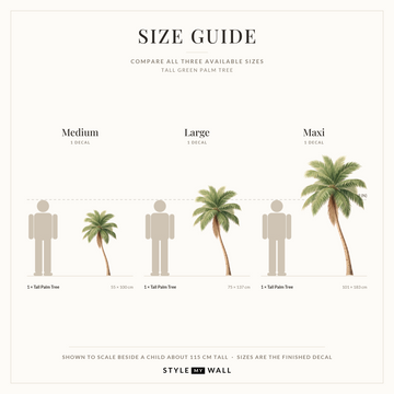 Tall Green Palm Tree Wall Sticker Decals: size guide, every size shown to scale beside a child
