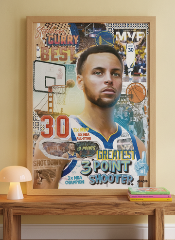 Modern wall art print standing on a side table in a colourful eclectic dining room