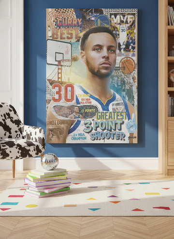 Stretched canvas wall art leaning against the wall in a colourful eclectic bedroom