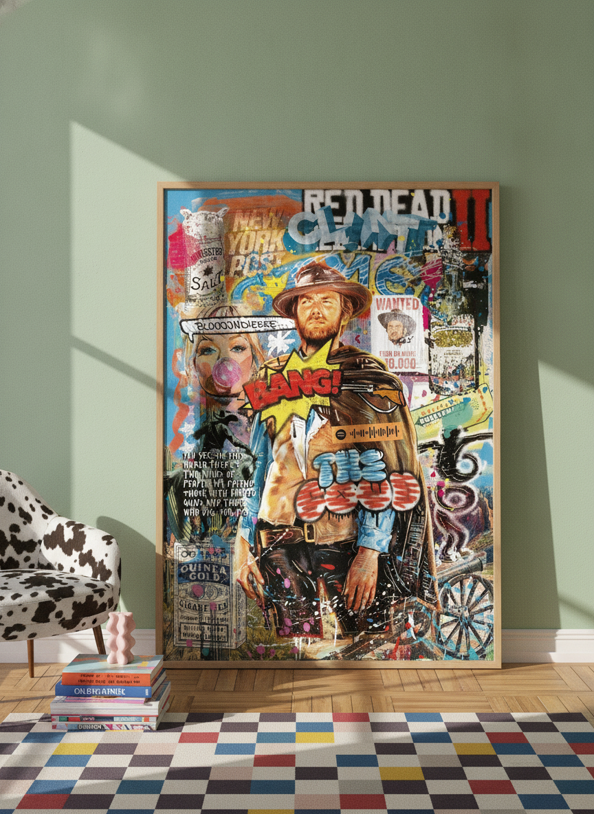 Oversized statement modern wall art print leaning against the wall in a colourful eclectic living room
