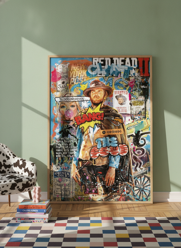 Oversized statement modern wall art print leaning against the wall in a colourful eclectic living room