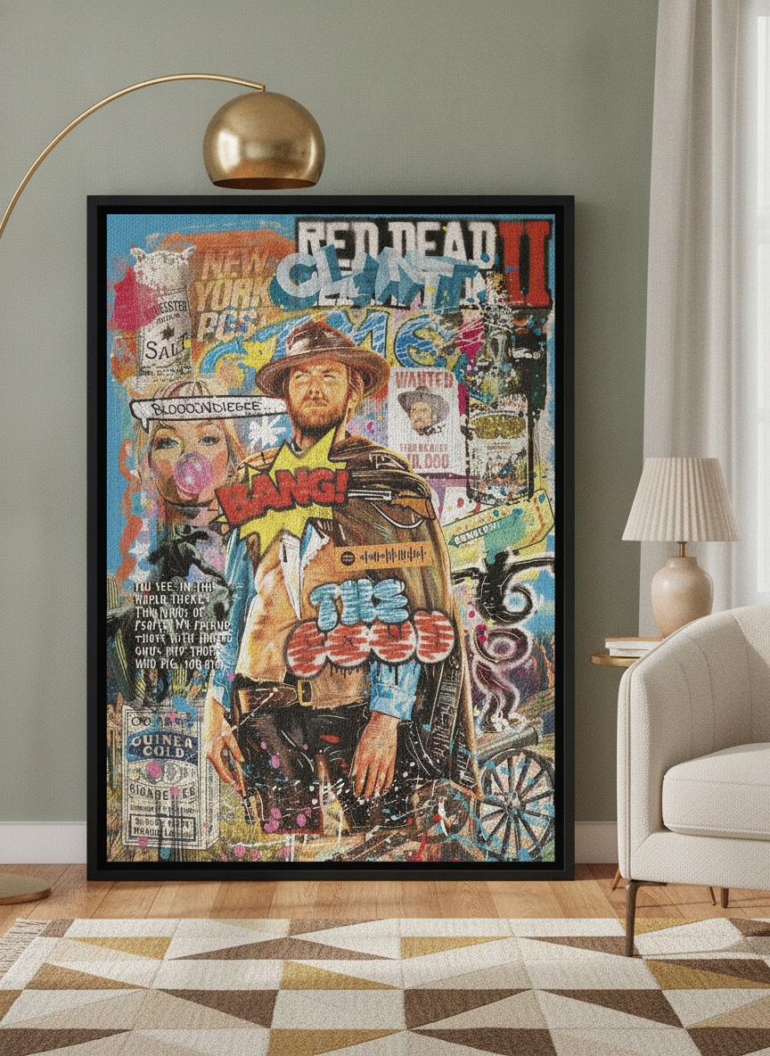 Canvas wall art with a black surround leaning against the wall in a mid-century home office
