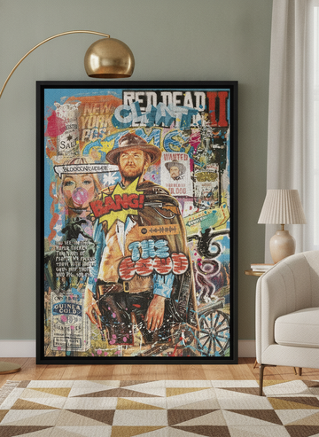 Canvas wall art with a black surround leaning against the wall in a mid-century home office