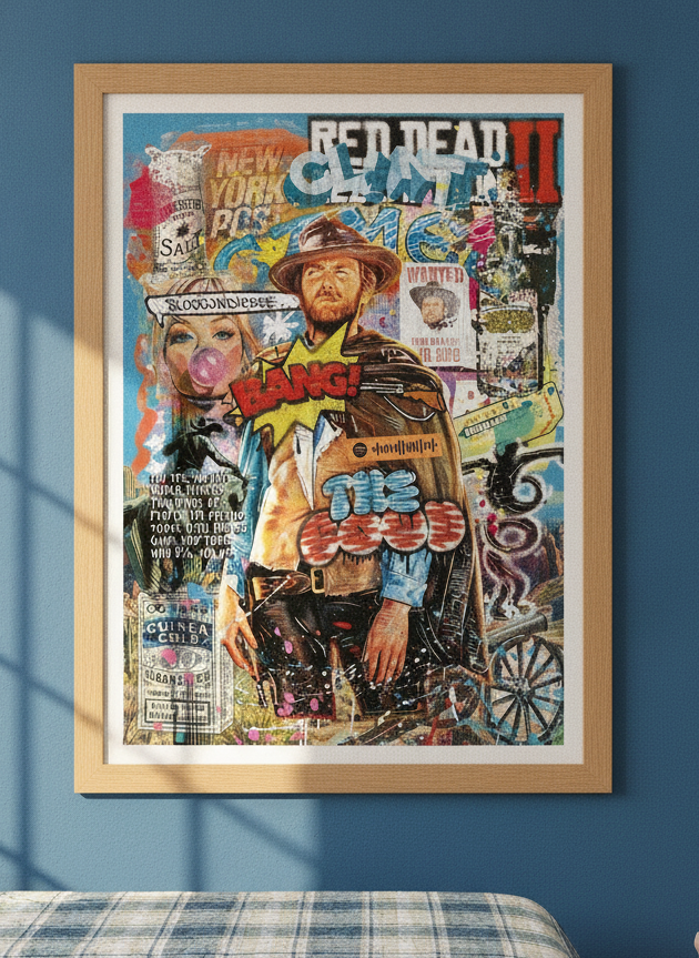 Modern wall art print styled on the wall in a colourful eclectic bedroom