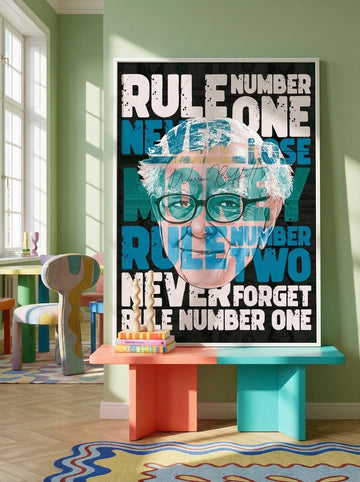 Modern wall art print standing on a side table in a colourful eclectic dining room