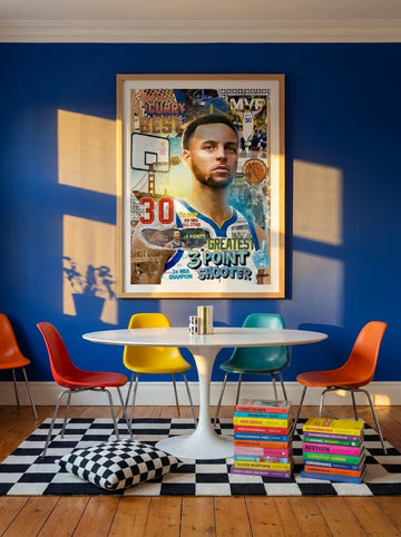 Modern wall art print styled on the wall in a colourful eclectic dining room