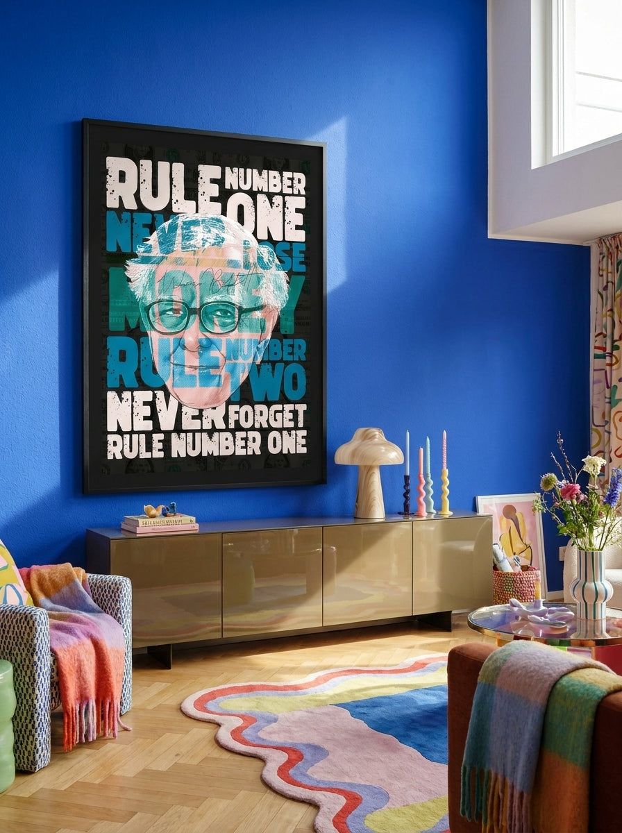 Oversized statement modern wall art print styled on the wall in a colourful eclectic living room