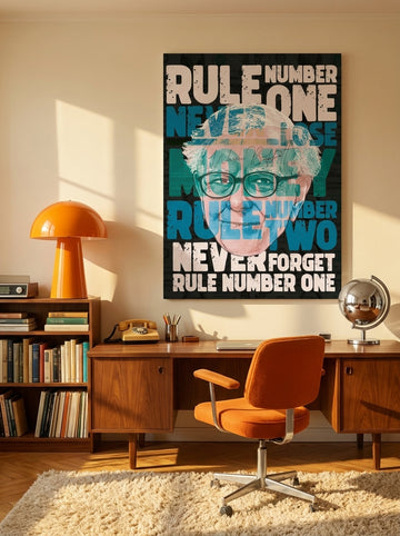 Stretched canvas wall art styled on the wall in a retro 70s home office