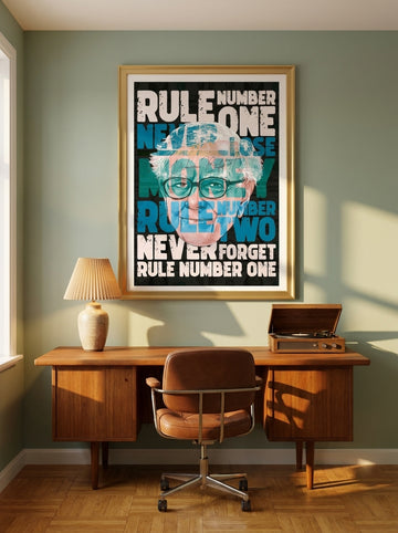 Modern wall art print styled on the wall in a mid-century home office