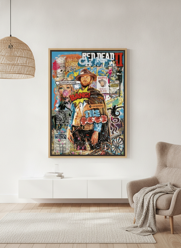 Oversized statement canvas wall art with a natural timber surround styled on the wall in a bright Scandinavian living room