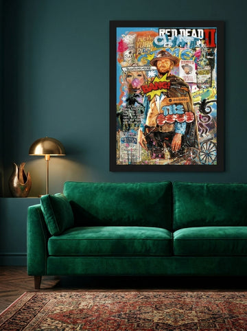 Modern wall art print styled on the wall in a moody living room