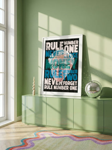 Modern wall art print standing on a sideboard in a colourful eclectic bedroom