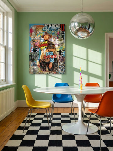 Stretched canvas wall art styled on the wall in a colourful eclectic dining room