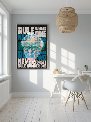 Canvas wall art with a white surround styled on the wall in a bright Scandinavian home office