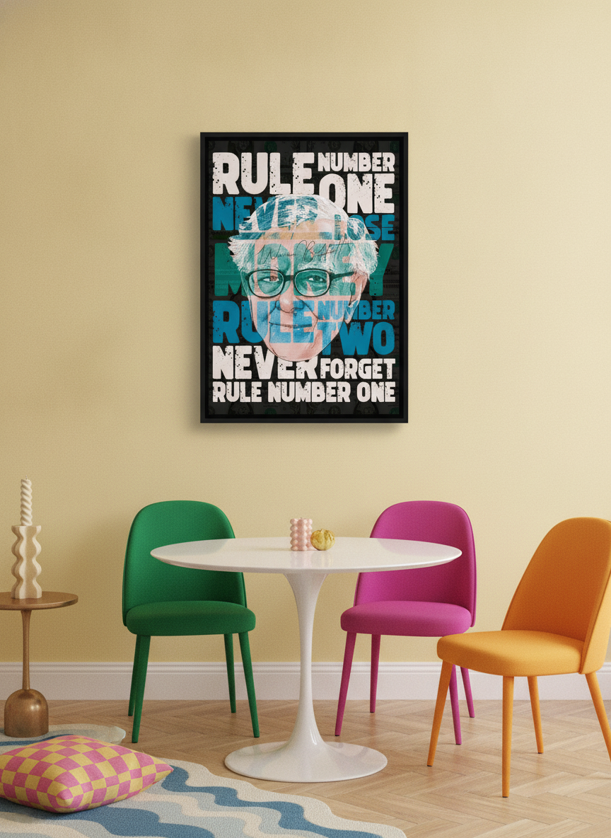 Canvas wall art with a black surround styled on the wall in a colourful eclectic dining room