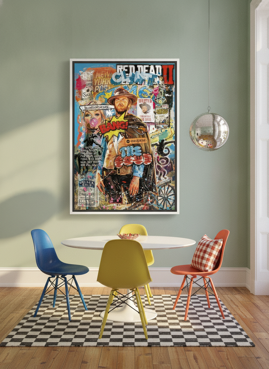 Oversized statement canvas wall art with a white surround styled on the wall in a colourful eclectic dining room