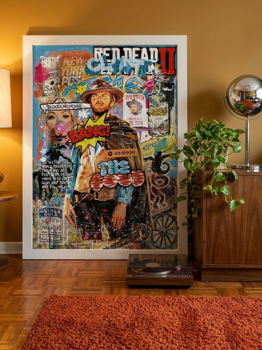 Modern wall art print standing on a sideboard in a retro 70s home office