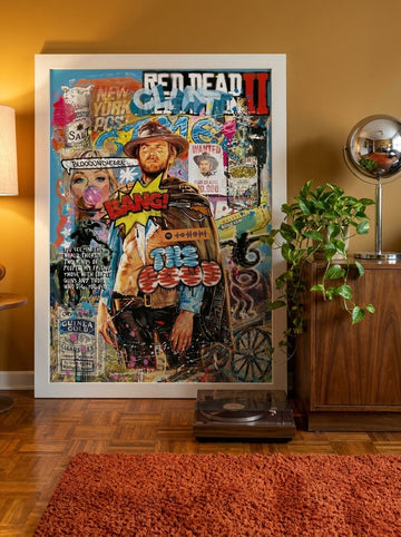 Modern wall art print standing on a sideboard in a retro 70s home office