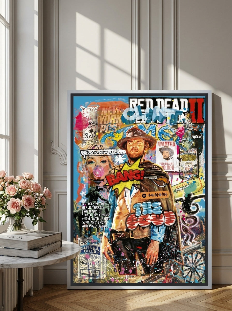 Canvas wall art with a silver leaf surround leaning against the wall in a Parisian home office