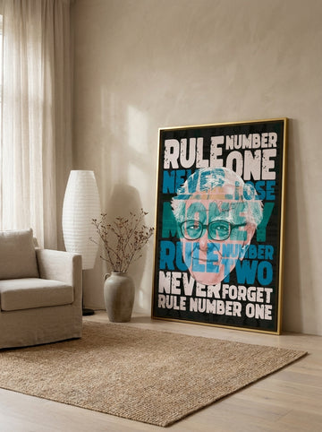 Oversized statement canvas wall art with a gold leaf surround leaning against the wall in a warm Japandi living room
