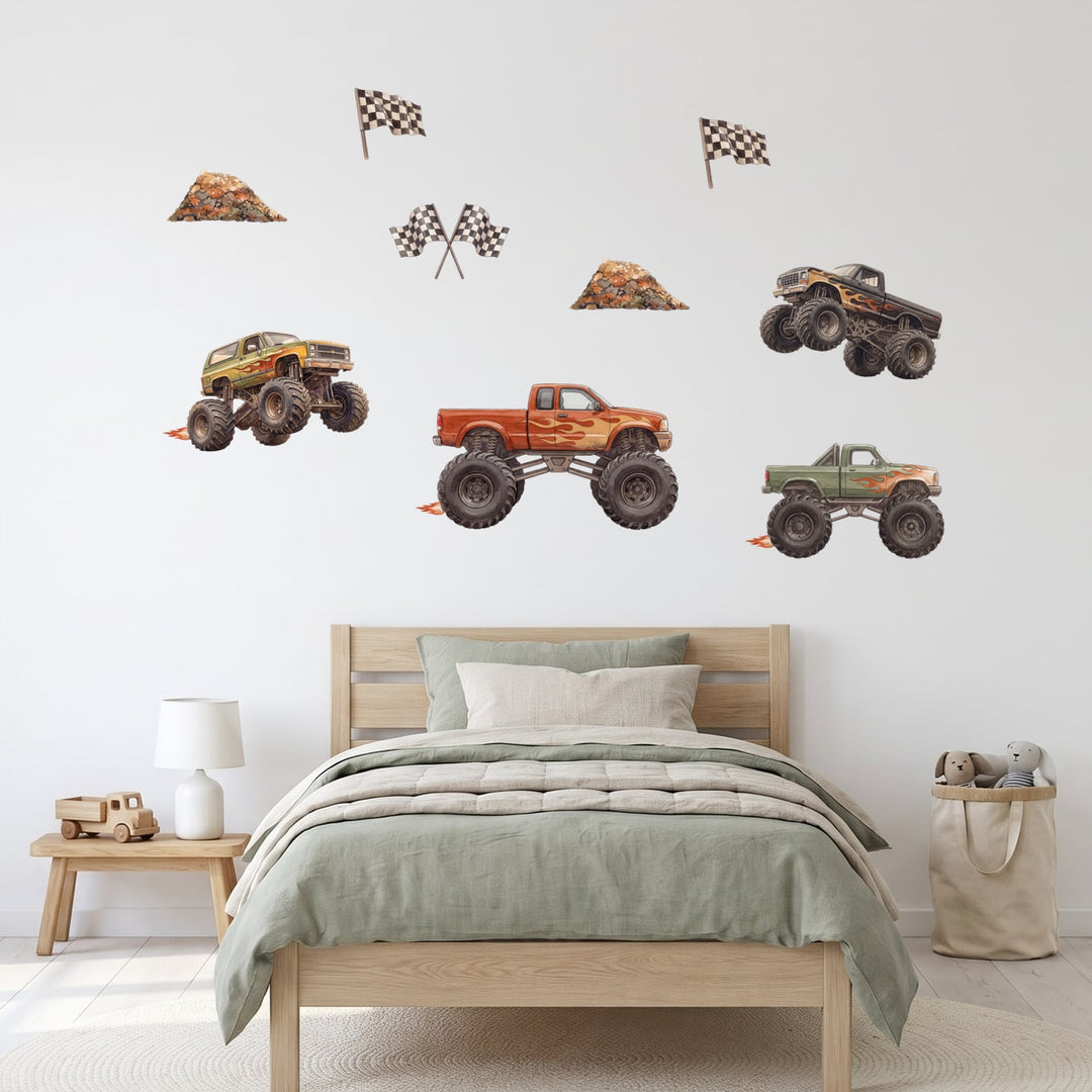 Monster Truck Rally Wall Sticker Decals wall decals on a boy's bedroom wall (Feature Wall (Medium) size)