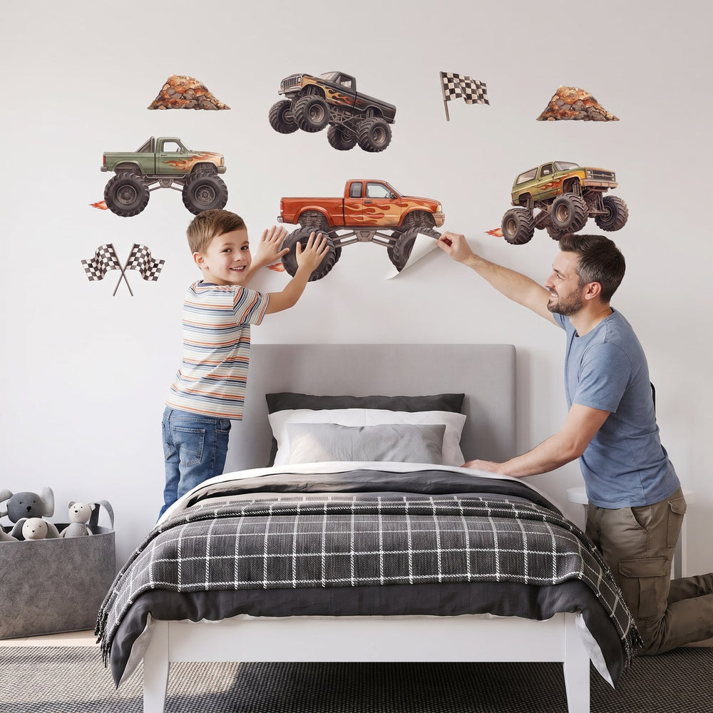 Monster Truck Rally Wall Sticker Decals wall decals: a boy and his dad putting the decals up in a boy's bedroom