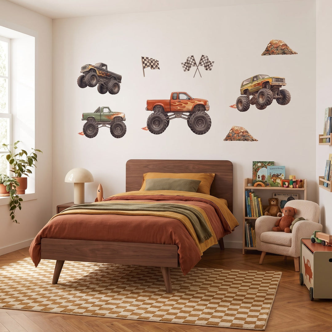Monster Truck Rally Wall Sticker Decals wall decals: the whole room from a corner in a boy's bedroom