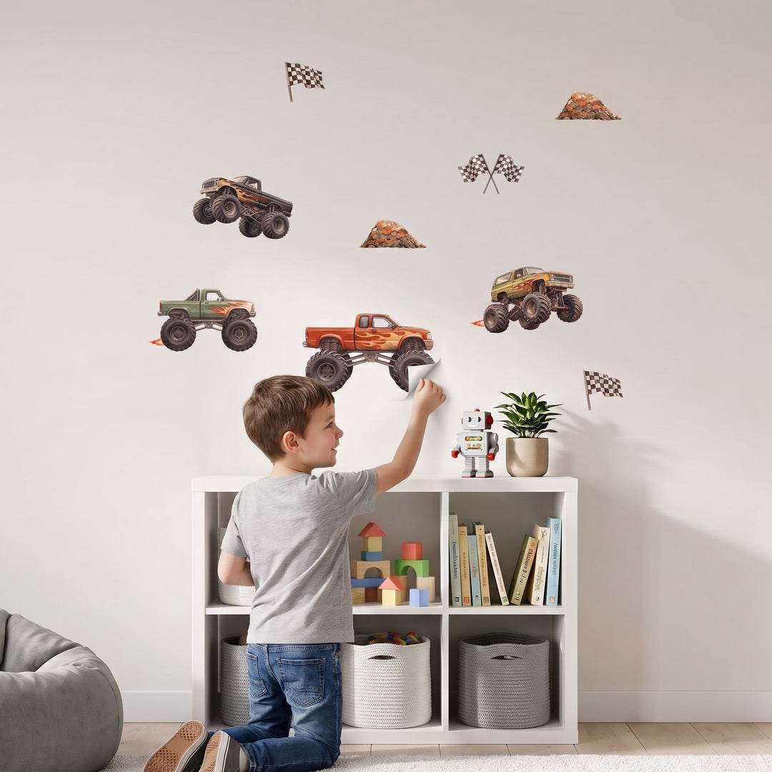Monster Truck Rally Wall Sticker Decals wall decals: a boy putting the decals up in a kids' room