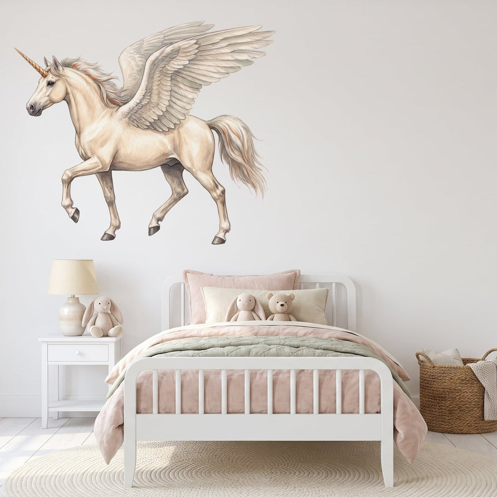 Winged Unicorn Wall Sticker Decals wall decals on a girl's bedroom wall (Large (137 x 117 cm) size, left facing)
