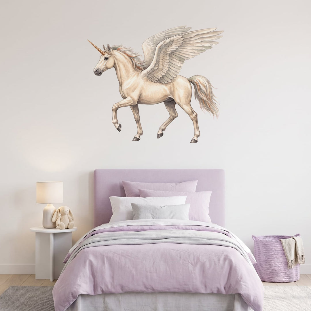 Winged Unicorn Wall Sticker Decals wall decals on a girl's bedroom wall (Medium (100 x 86 cm) size, left facing)