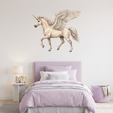 Winged Unicorn Wall Sticker Decals wall decals on a girl's bedroom wall (Medium (100 x 86 cm) size, left facing)