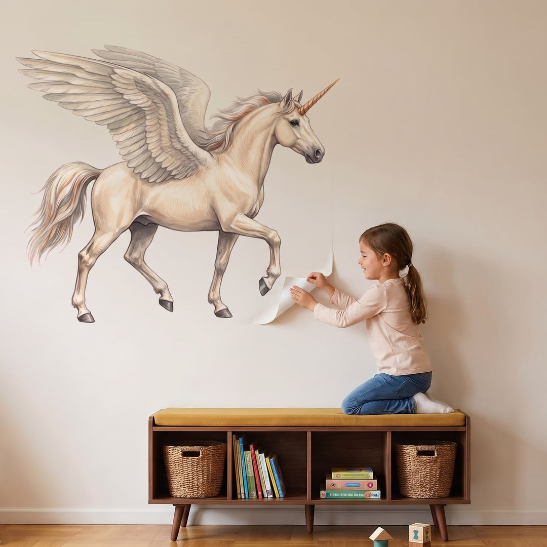 Winged Unicorn Wall Sticker Decals wall decals: a girl putting the decals up in a playroom