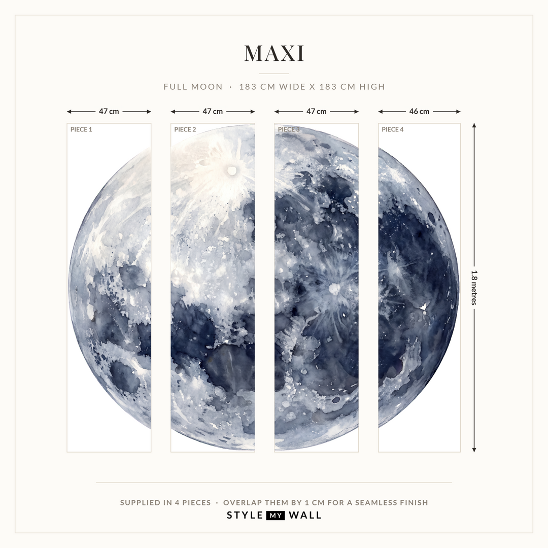 Watercolour Moon and Owls Wall Sticker Decals: Maxi supplied in 4 pieces that overlap by 1 cm