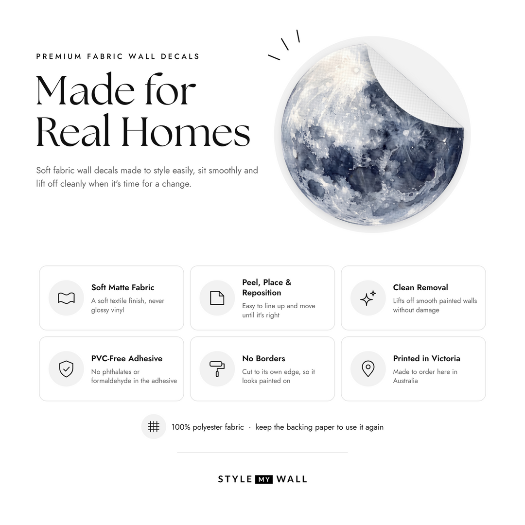 Watercolour Moon and Owls Wall Sticker Decals: soft matte fabric wall decals that peel, stick and reposition, printed in Victoria