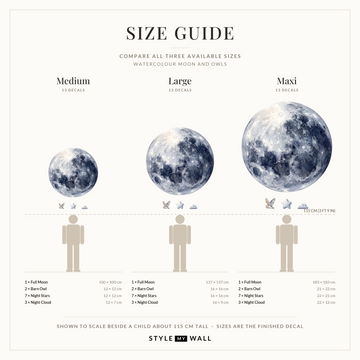 Watercolour Moon and Owls Wall Sticker Decals: size guide, every size shown to scale beside a child