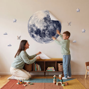 Watercolour Moon and Owls Wall Sticker Decals wall decals: a boy and his mum putting the decals up in a playroom