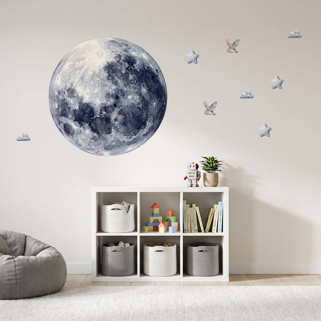 Watercolour Moon and Owls Wall Sticker Decals wall decals on a kids' room wall (Medium (100 x 100 cm) size)